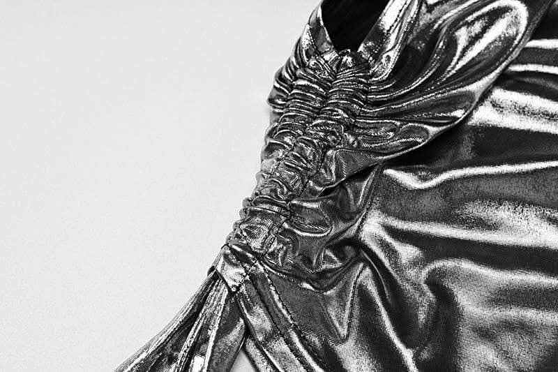 Metallic drawstring irregular one shoulder mini skirt set-final-sale