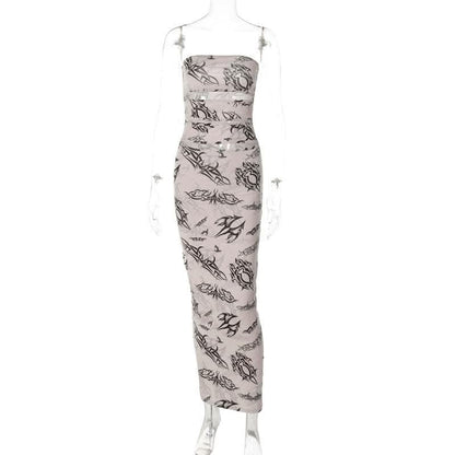 Abstract contrast hollow out backless tube cut out maxi dress-final-sale