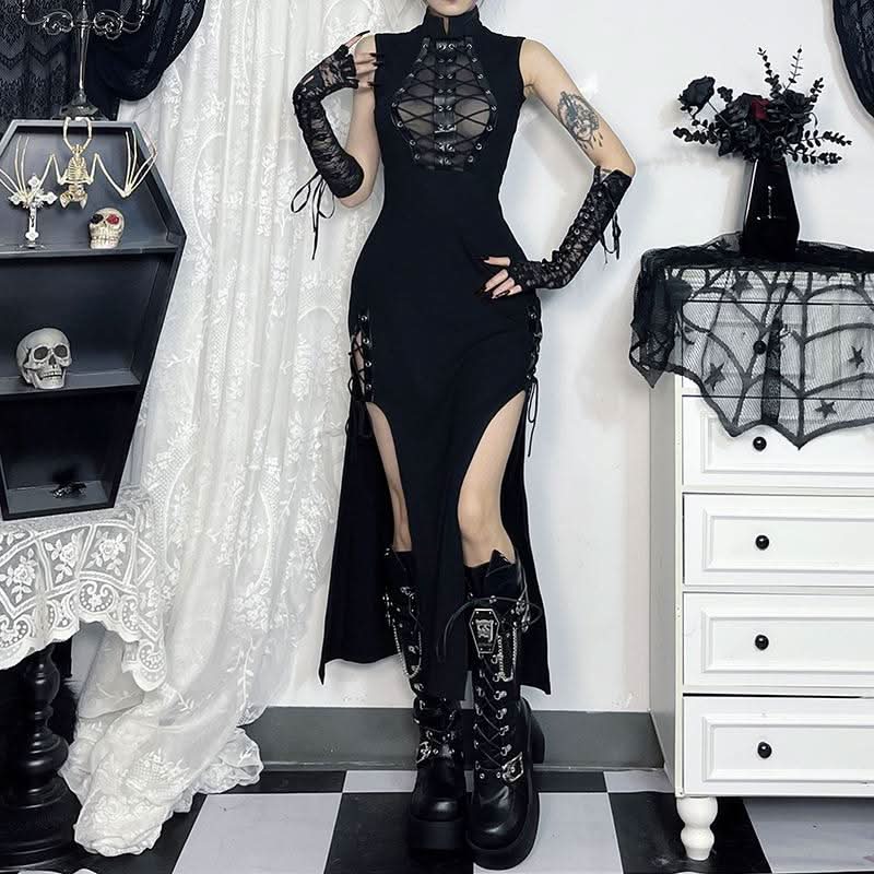 Zip-up high slit lace up see through high neck midi dress