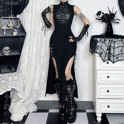 Zip-up high slit lace up see through high neck midi dress
