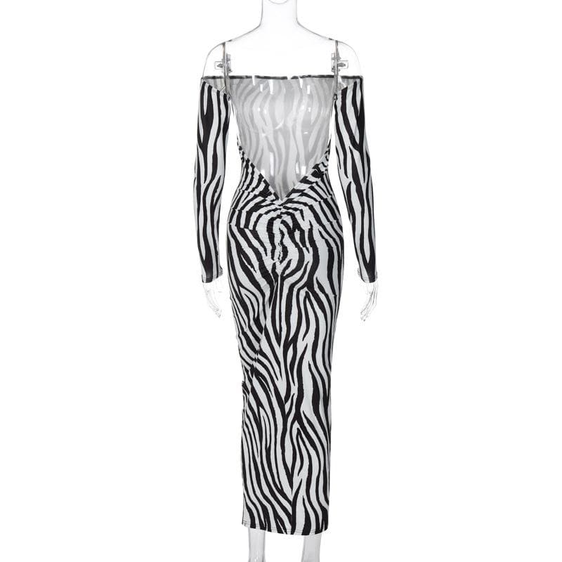 Zebra print off shoulder long sleeve contrast maxi dress