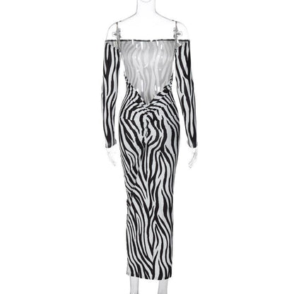 Zebra print off shoulder long sleeve contrast maxi dress