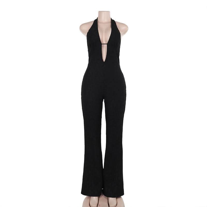 Halter self tie deep V neck lace backless jumpsuit