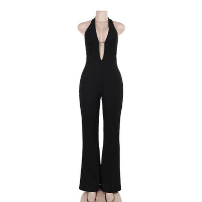 Halter self tie deep V neck lace backless jumpsuit