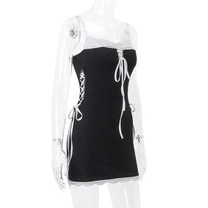 Self tie lace up backless patchwork contrast cami mini dress
