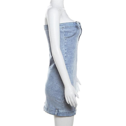 Button zip-up backless denim tube mini dress