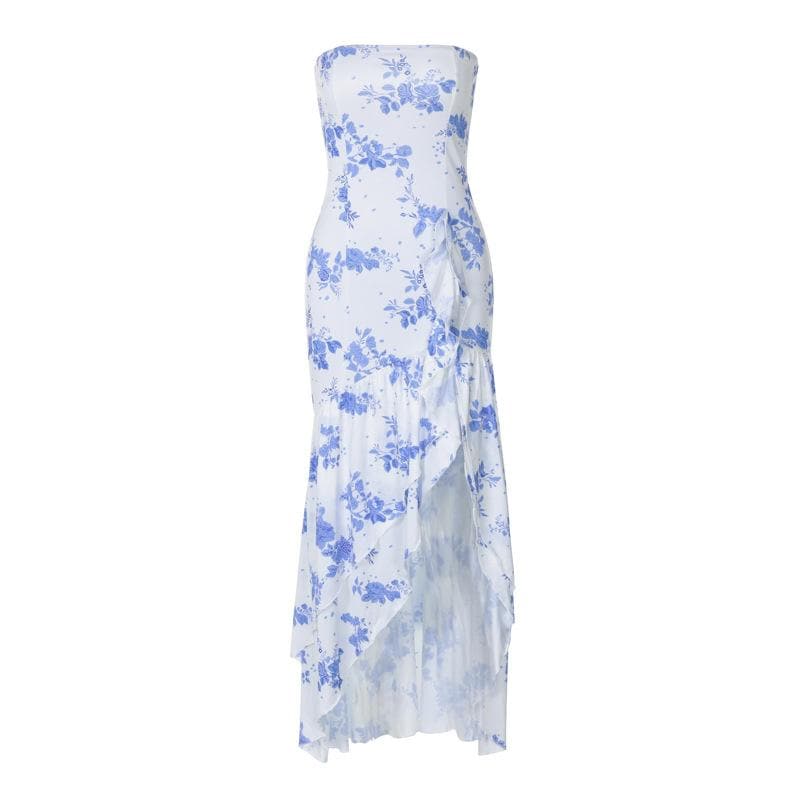 Print ruffle ruched high slit tube maxi dress