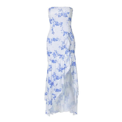 Print ruffle ruched high slit tube maxi dress