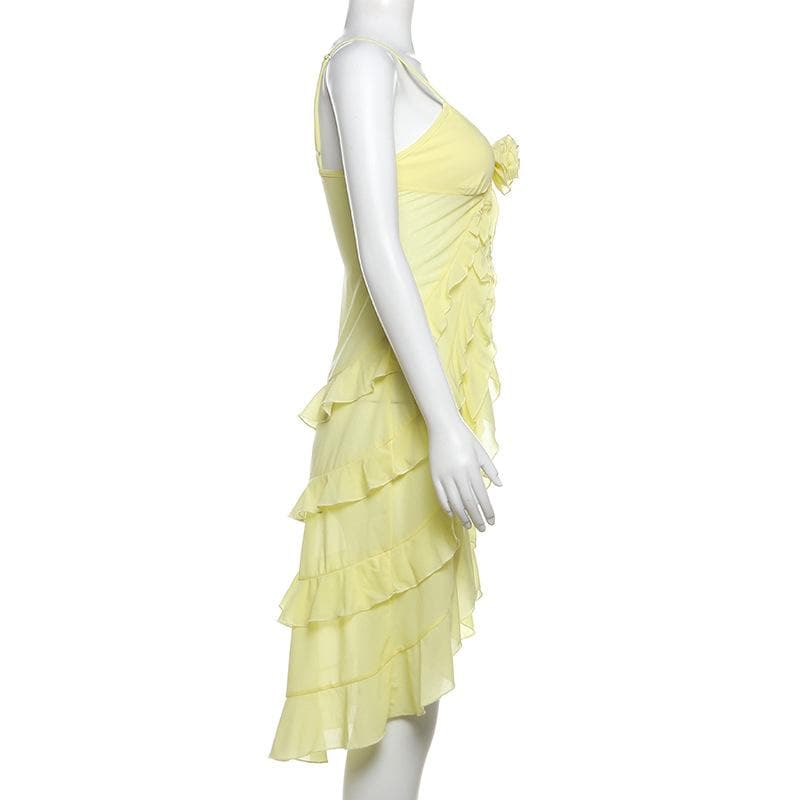 Rose applique ruffle u neck mesh cami top
