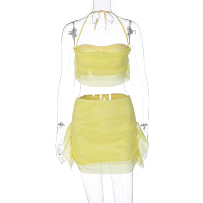 Halter self tie backless fishnet solid tube mini skirt set