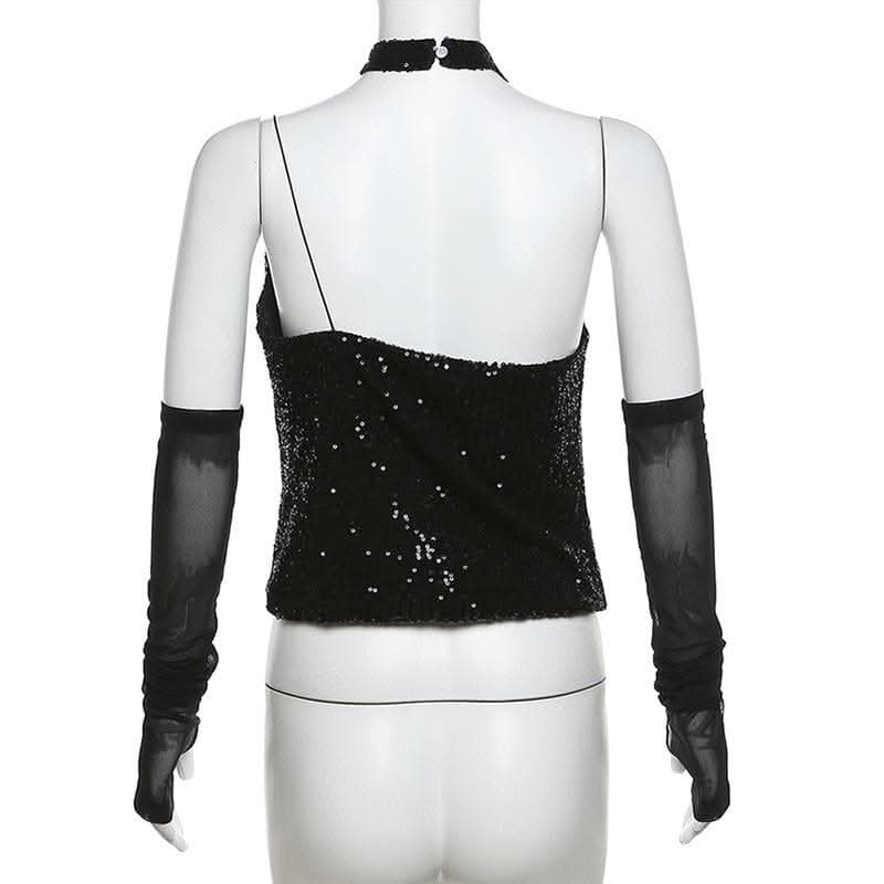 Halter gloves button glitter cowl neck irregular top-final-sale