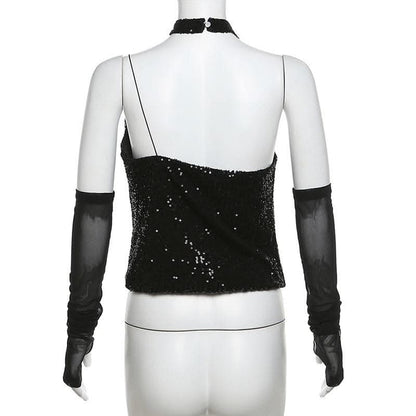 Halter gloves button glitter cowl neck irregular top-final-sale