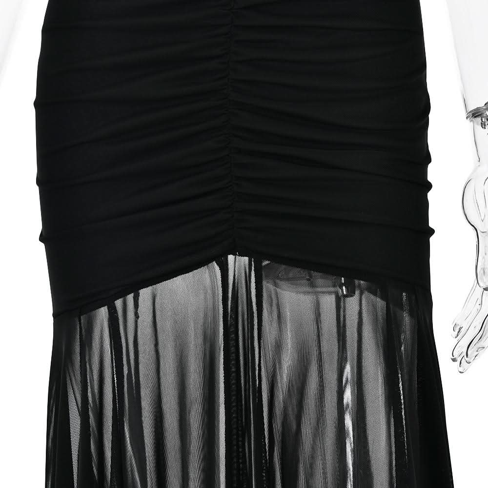 Off shoulder ruched mesh patchwork solid maxi dress