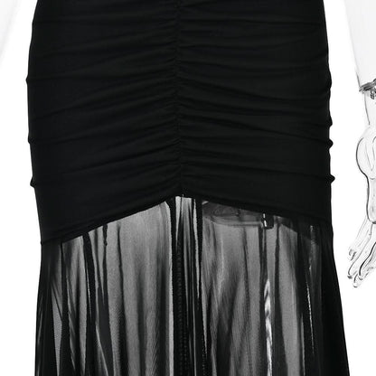 Off shoulder ruched mesh patchwork solid maxi dress