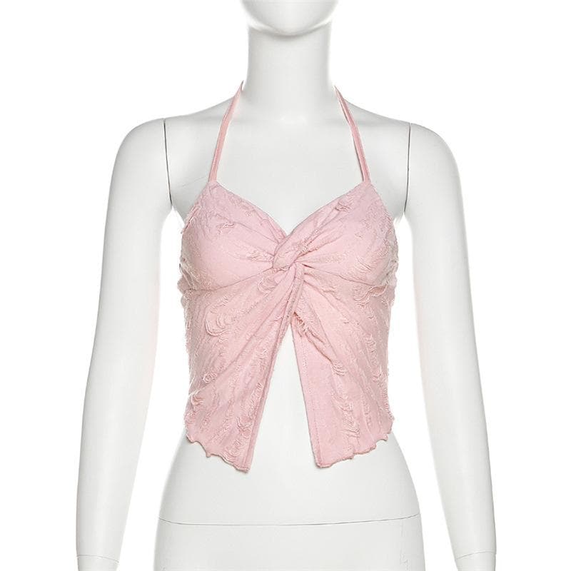 Halter self tie v neck textured knotted slit crop top