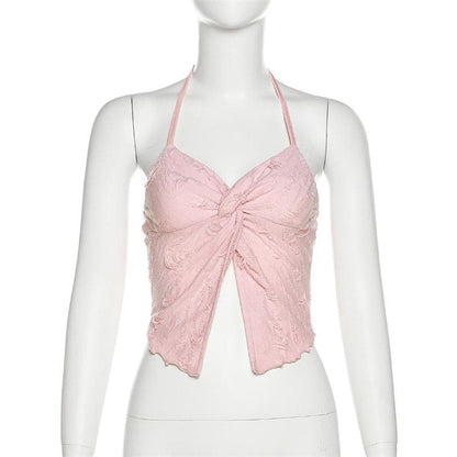 Halter self tie v neck textured knotted slit crop top