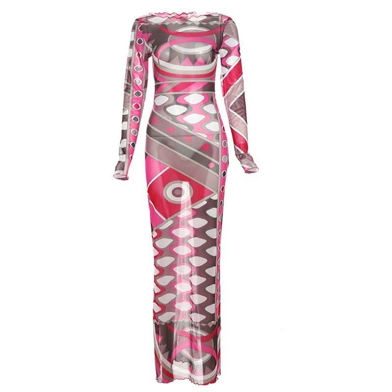 Long sleeve ruffle abstract mesh maxi dress-final-sale