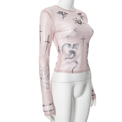 Long sleeve angel print sheer mesh crewneck top