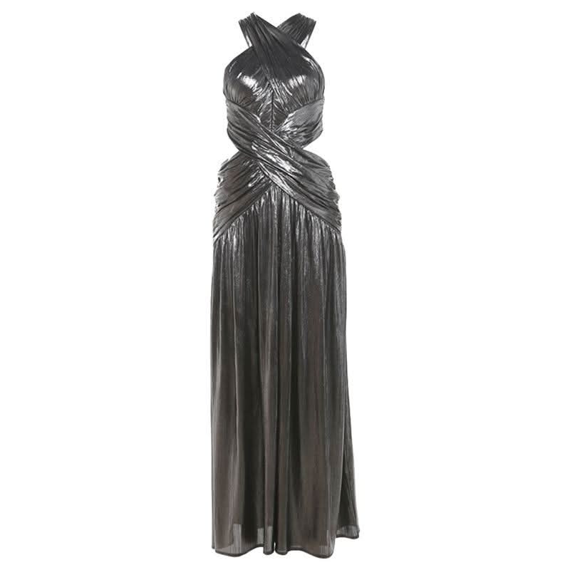 Cross front hollow out high slit ruched metallic cut out maxi dress