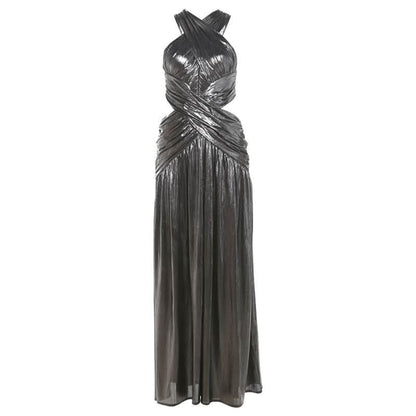 Cross front hollow out high slit ruched metallic cut out maxi dress