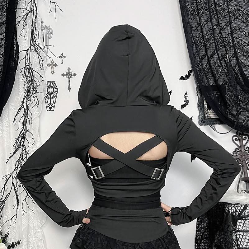 Hoodie long sleeve buckle cross back crop top