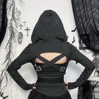 Hoodie long sleeve buckle cross back crop top