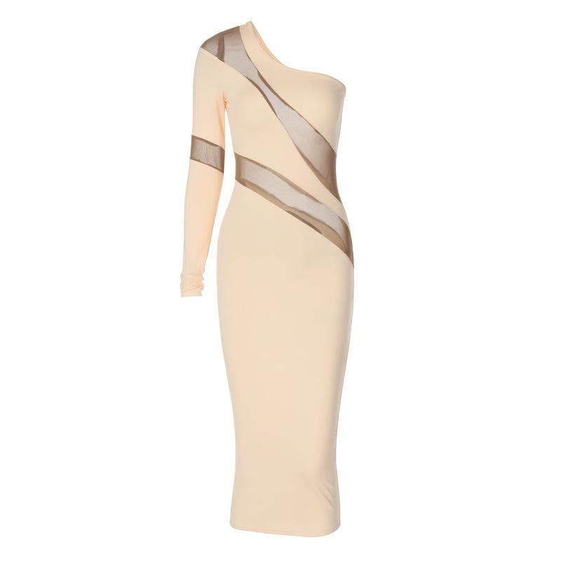 One Shoulder Long Sleeve Mesh Panel Bodycon Midi Dress
