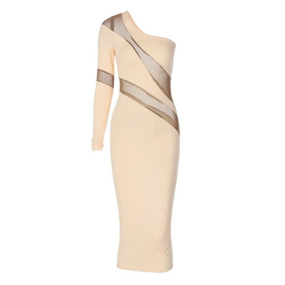 One Shoulder Long Sleeve Mesh Panel Bodycon Midi Dress