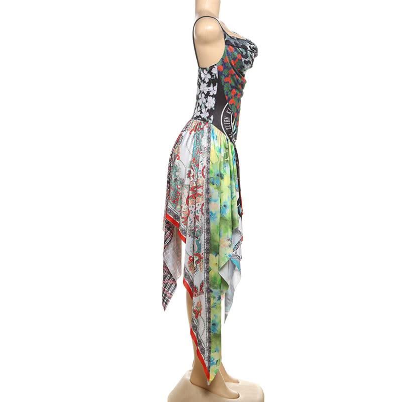 Cowl neck patchwork irregular midi dress