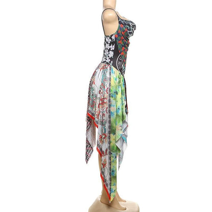 Cowl neck patchwork irregular midi dress