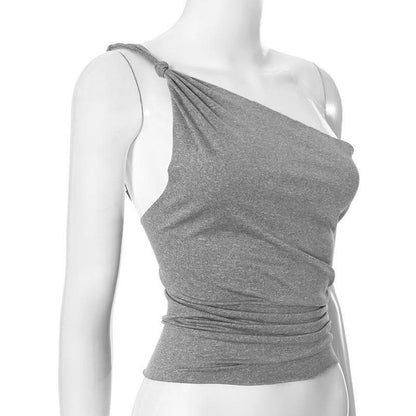 One shoulder ruched irregular knotted solid top