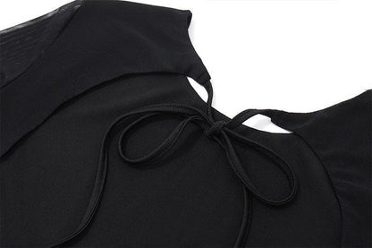 Long flared sleeve crewneck self tie mesh backless mini dress