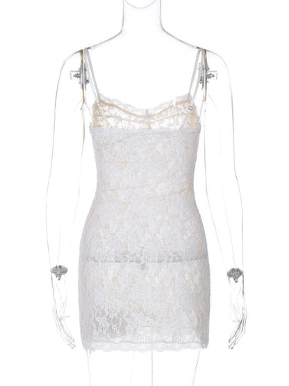 V neck see through lace bowknot cami mini dress