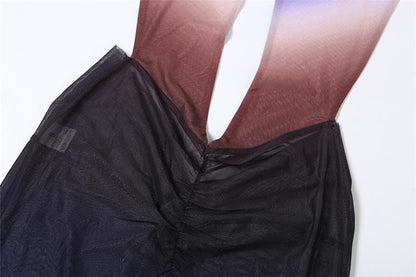 Ruched halter self tie cross front sheer mesh gradient maxi dress