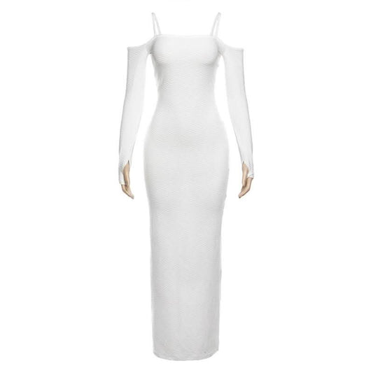 Long sleeve off shoulder textured solid maxi dress