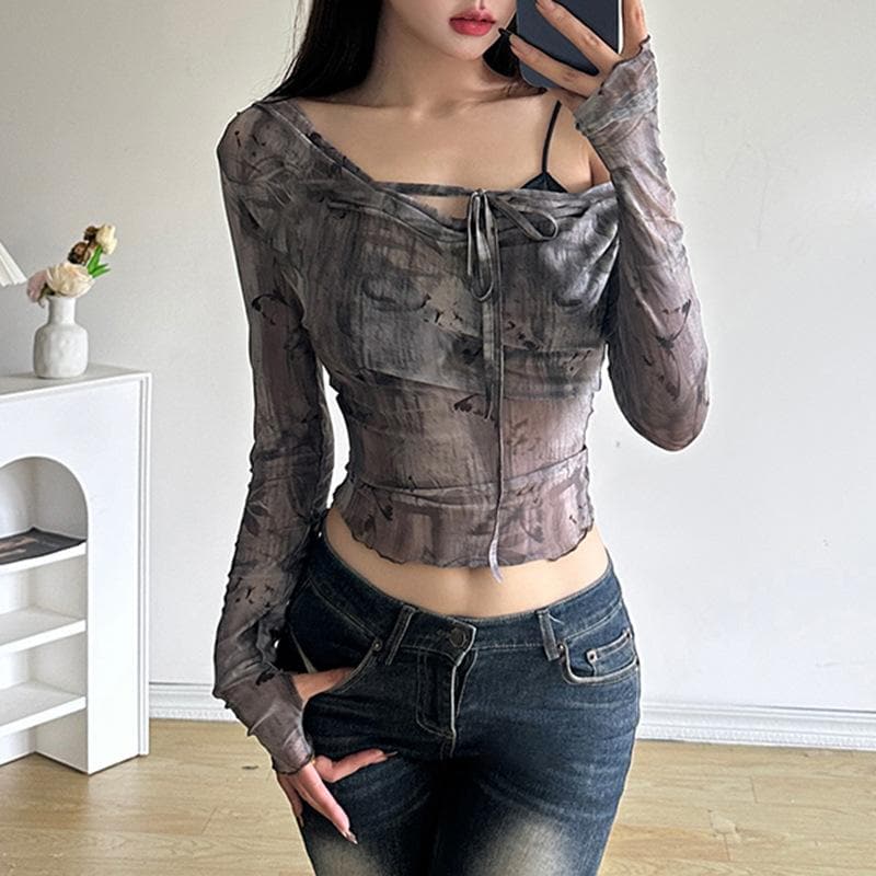 Long sleeve butterfly print mesh self tie top