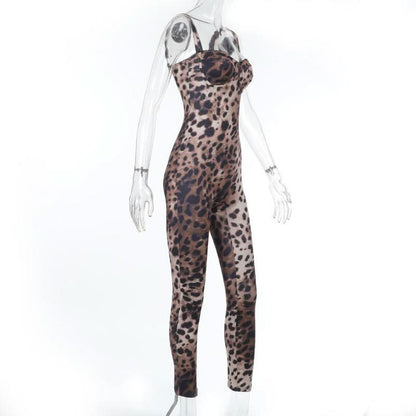 Leopard print v neck backless tank jumpsuit
