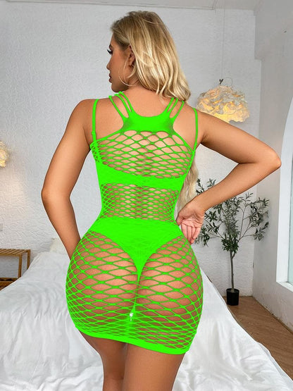 Fishnet solid strappy open cup tank mini dress
