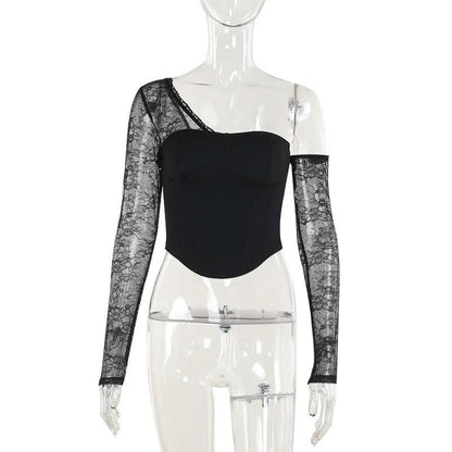 One shoulder long sleeve patchwork lace top