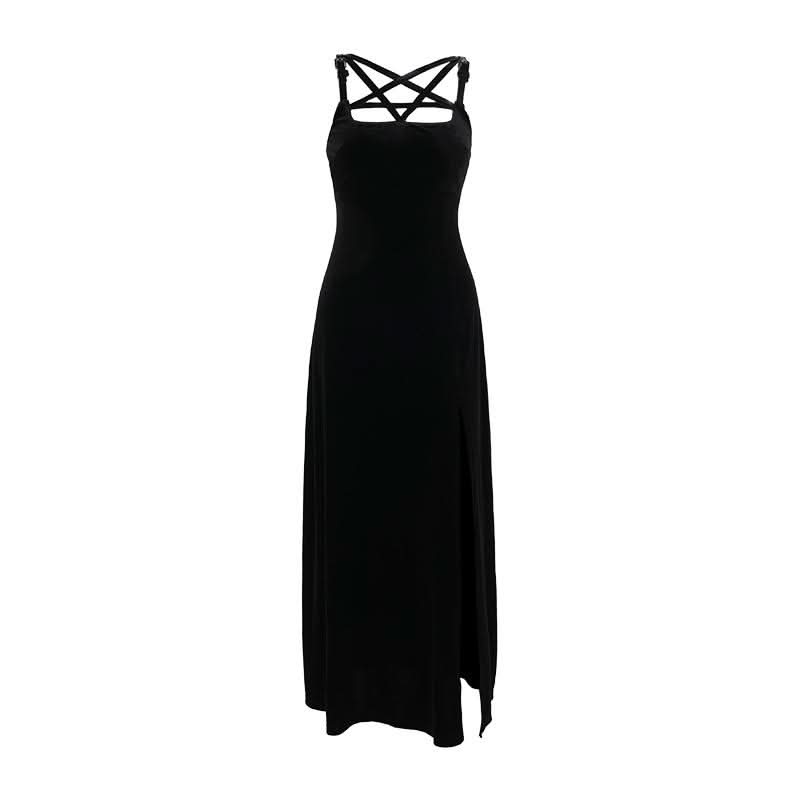 Velvet high slit pentacle pattern buckle cami maxi dress