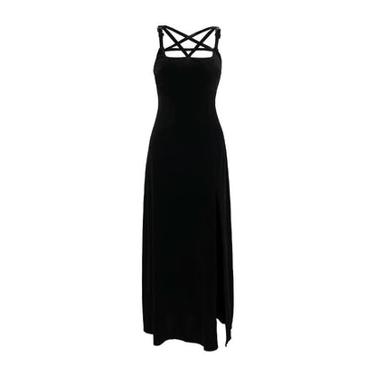 Velvet high slit pentacle pattern buckle cami maxi dress
