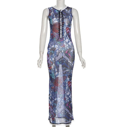 Sleeveless crewneck lace up print sheer mesh maxi dress