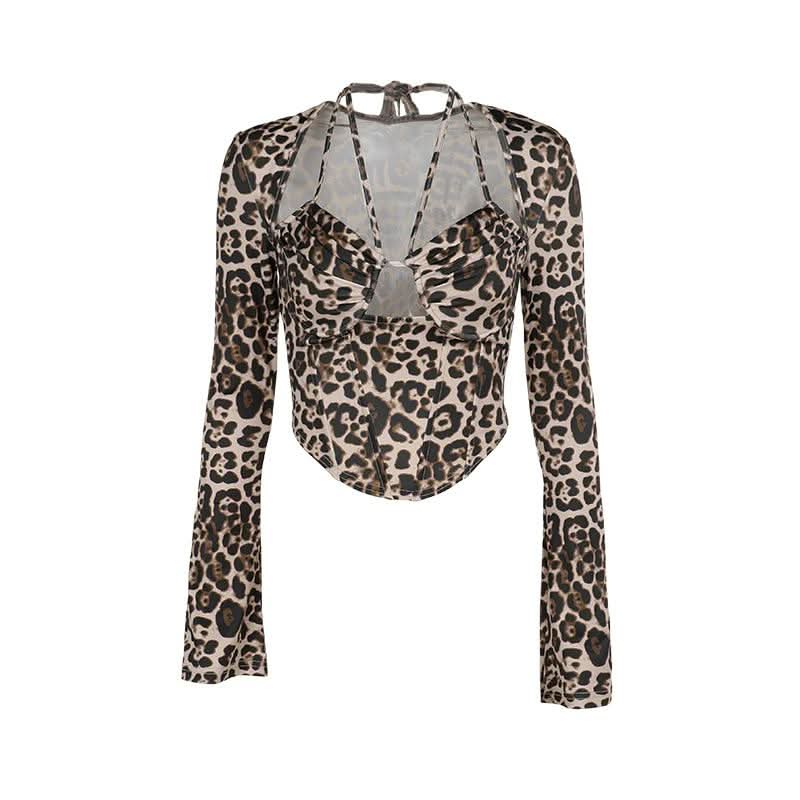Leopard print halter long sleeve hollow out cut out top