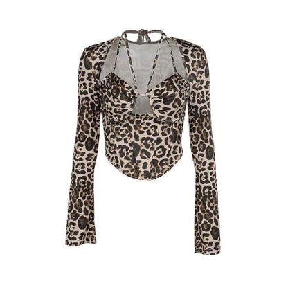 Leopard print halter long sleeve hollow out cut out top