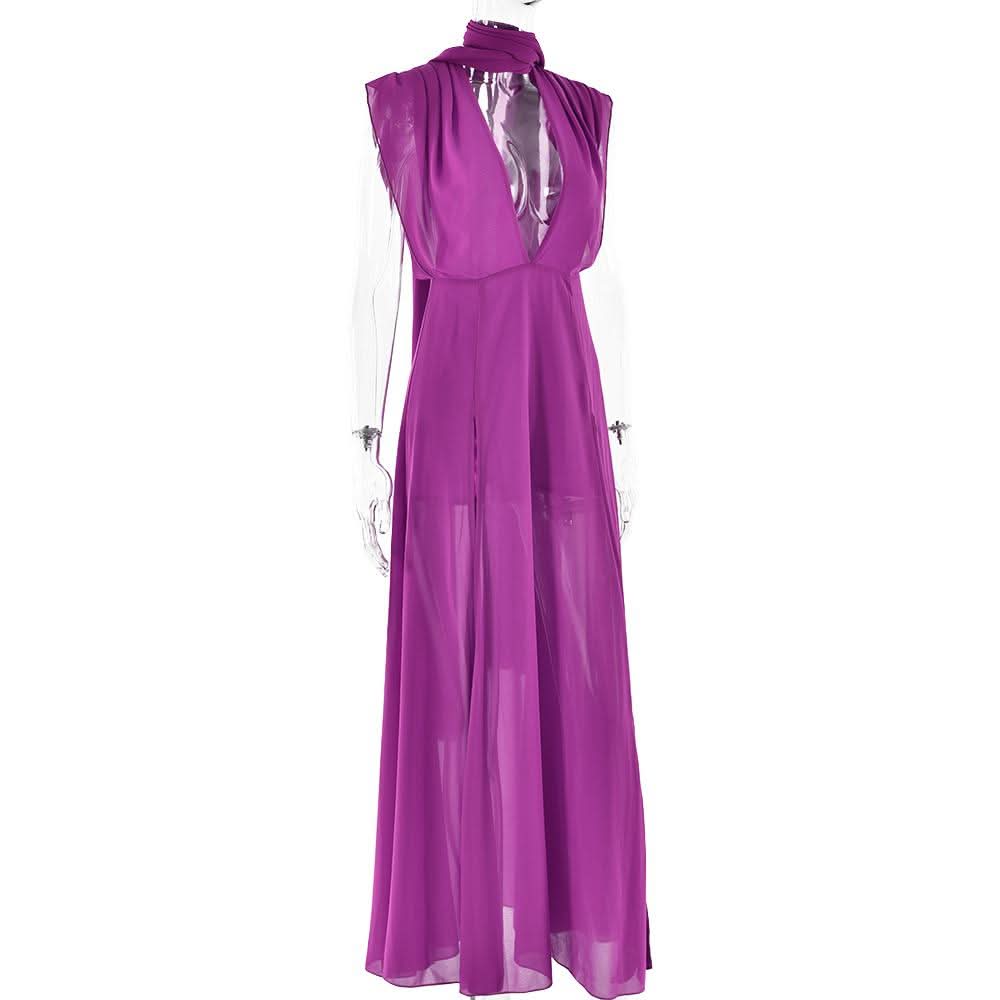 Slit deep V neck backless self tie solid maxi dress