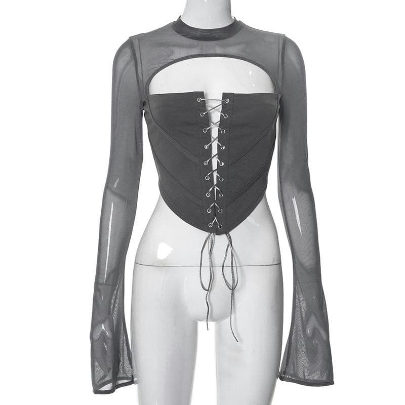 Lace up flared sleeve crewneck corset hollow out backless cut out top