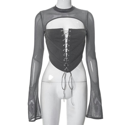 Lace up flared sleeve crewneck corset hollow out backless cut out top