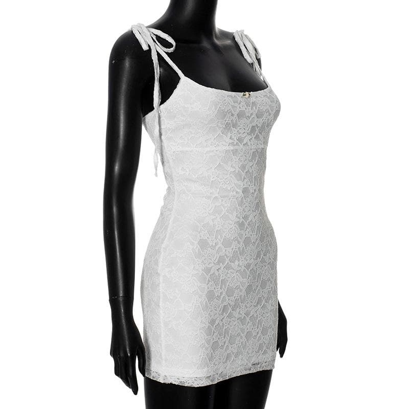 U neck lace self tie flower applique cami mini dress