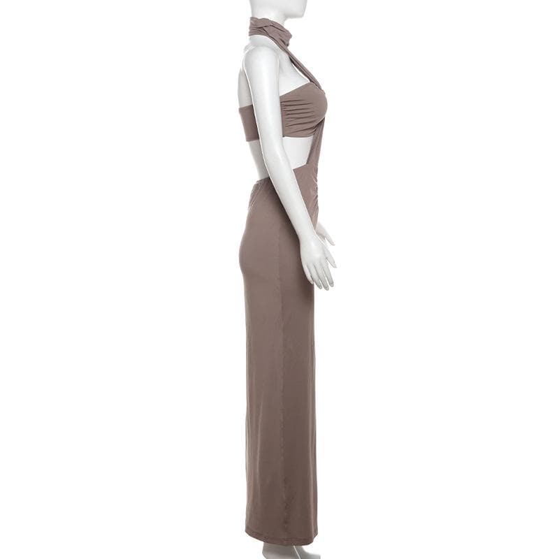 Halter ruched backless tube 2 piece maxi dress