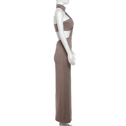 Halter ruched backless tube 2 piece maxi dress